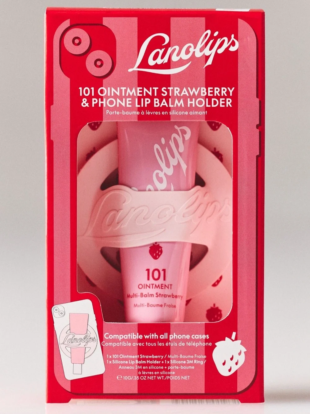 Lanolips Strawberry 101 Ointment & Phone Lip Balm Holder Lipgloss Pink NEW NWT